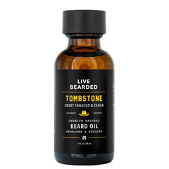 Live Bearded Tombstone huile barbe, bouteille 30 ml, hydratation naturelle.