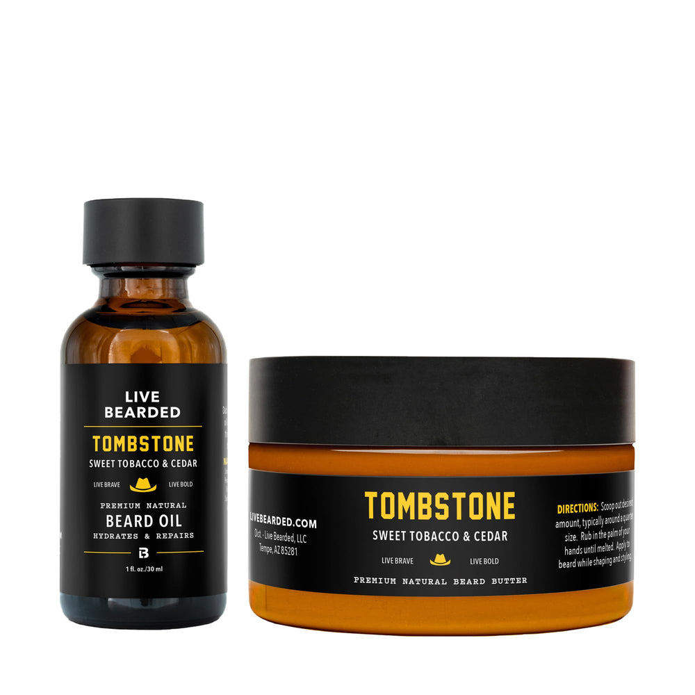 Live Bearded Tombstone aceite barba botella, hidratación y brillo suave.