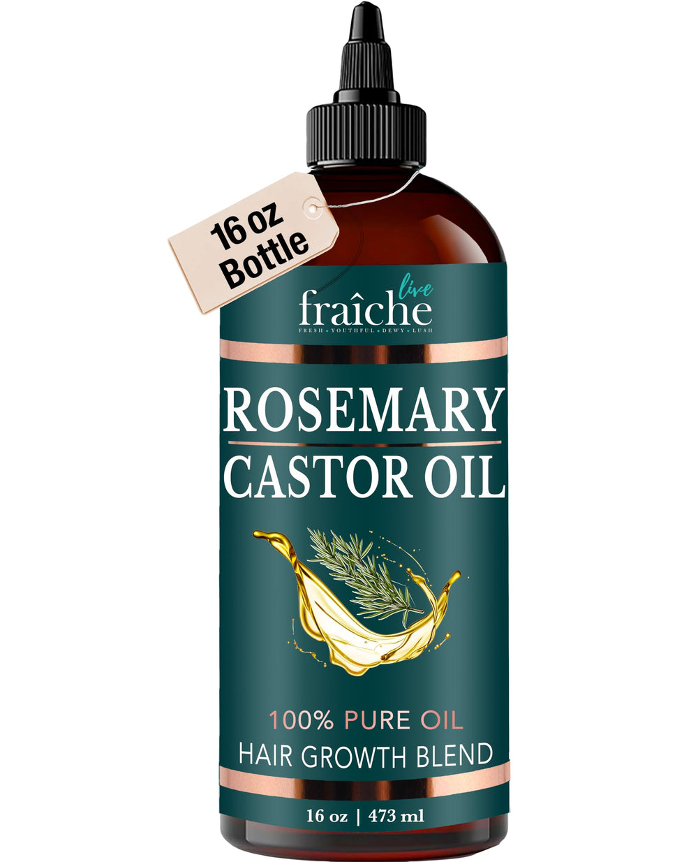 Live Fraiche aceite ricino romero en botella promueve crecimiento capilar.