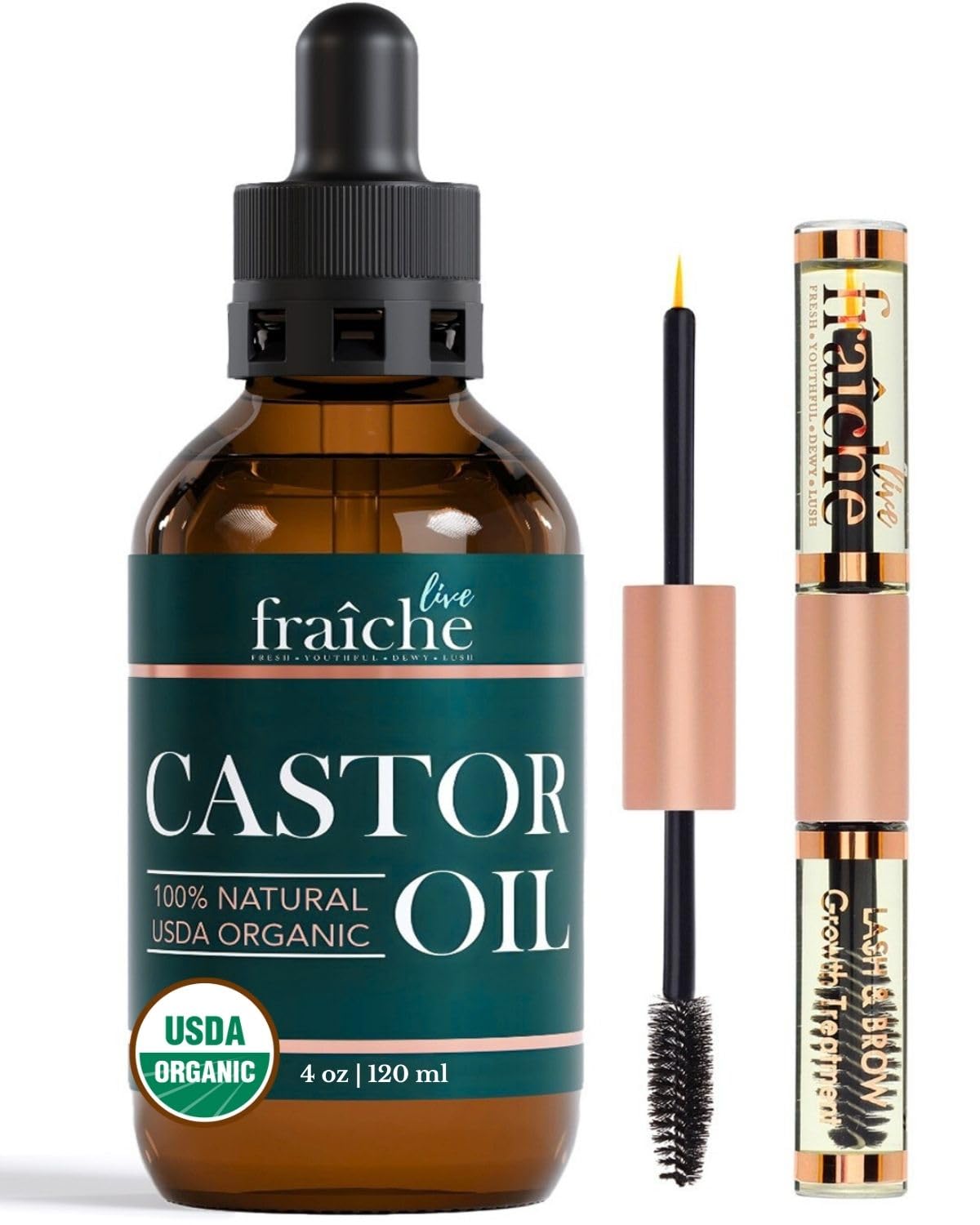 Live Fraiche huile ricin bio 4oz sur bouteille – soin naturel des cils et sourcils.