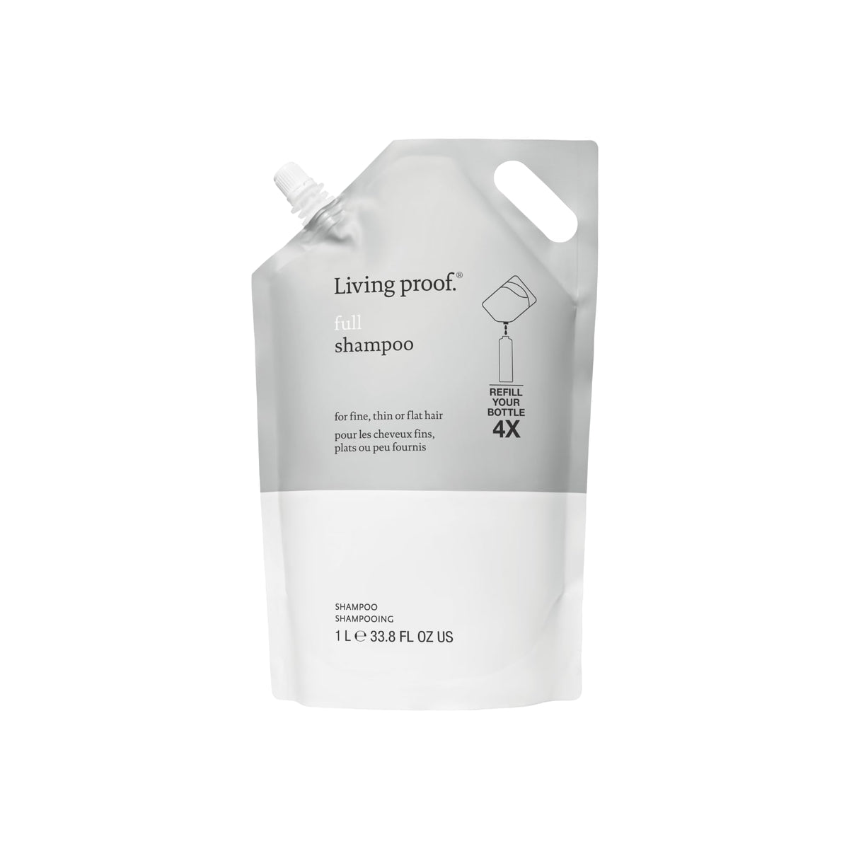 Living Proof Full Shampoo, botella frontal, aporta volumen al cabello fino.