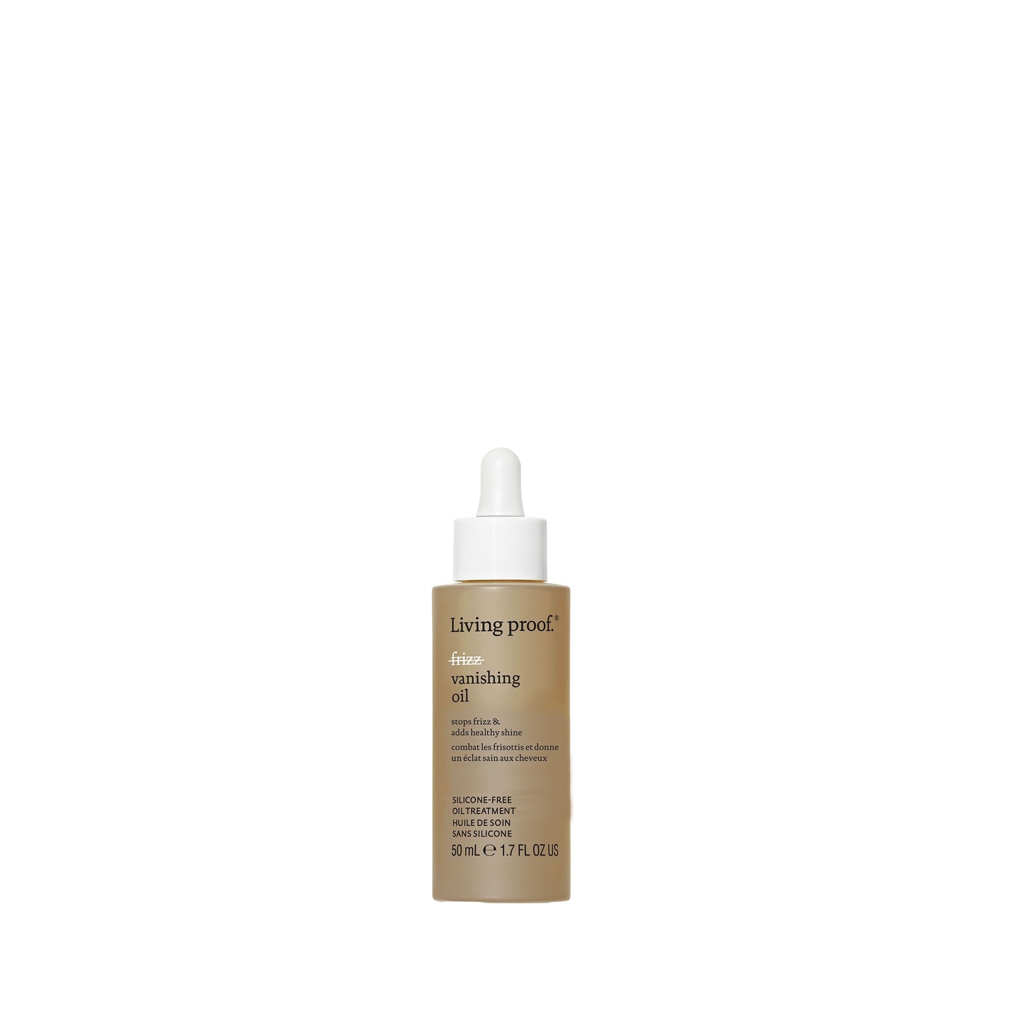 Living Proof No Frizz Vanishing Oil, botella en mano para control del frizz.