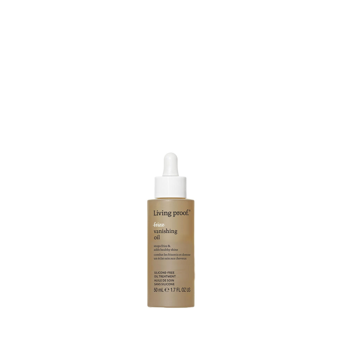 Living Proof No Frizz Vanishing Oil, botella en mano para control del frizz.