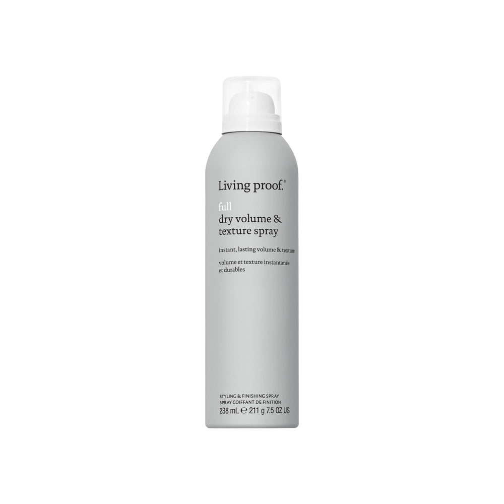 Living proof Full Dry Volume Texture Spray muestra la botella para volumen inmediato en cabello fino.