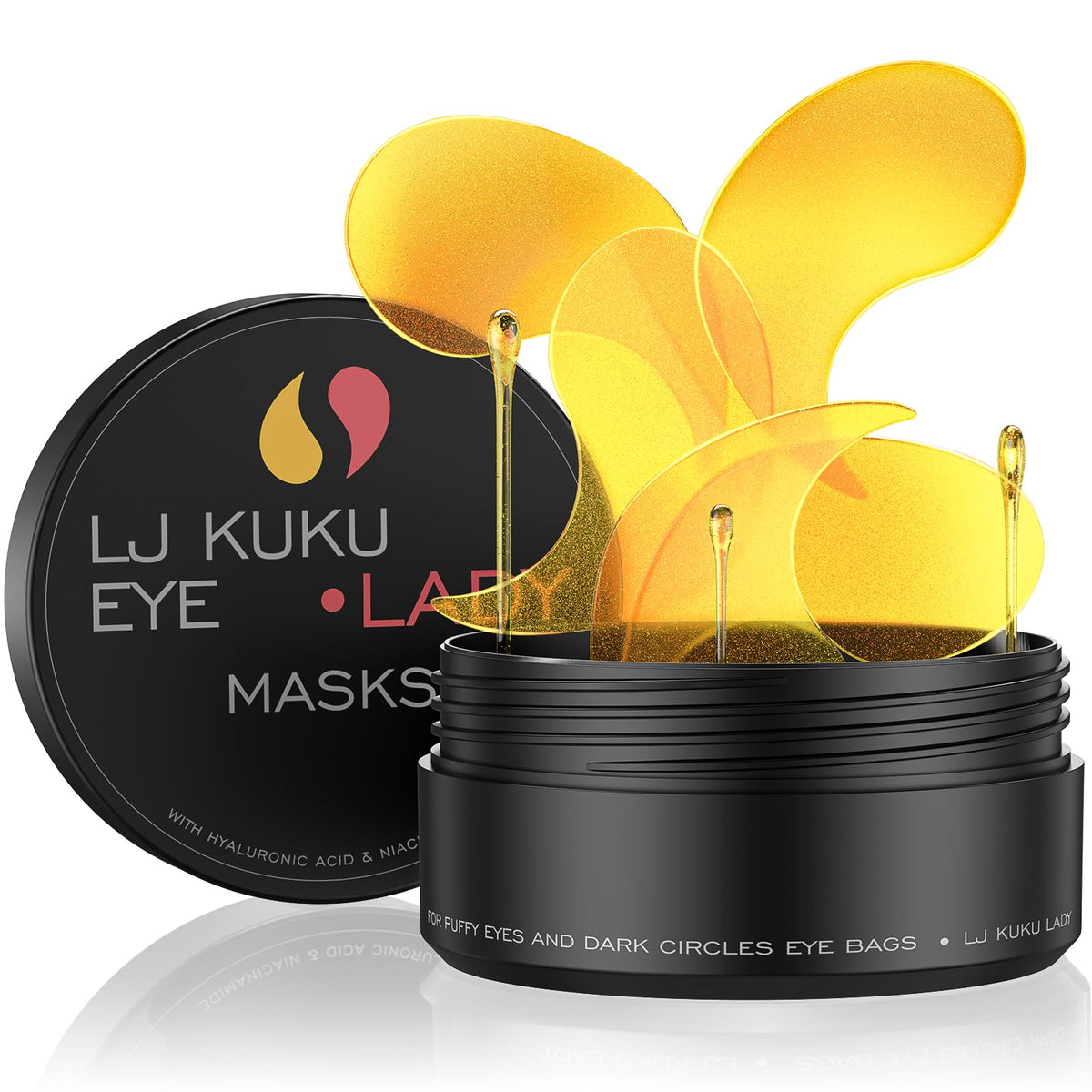 Parches oculares dorados LJ KuKu Lady hidrogel para una mirada relajada.