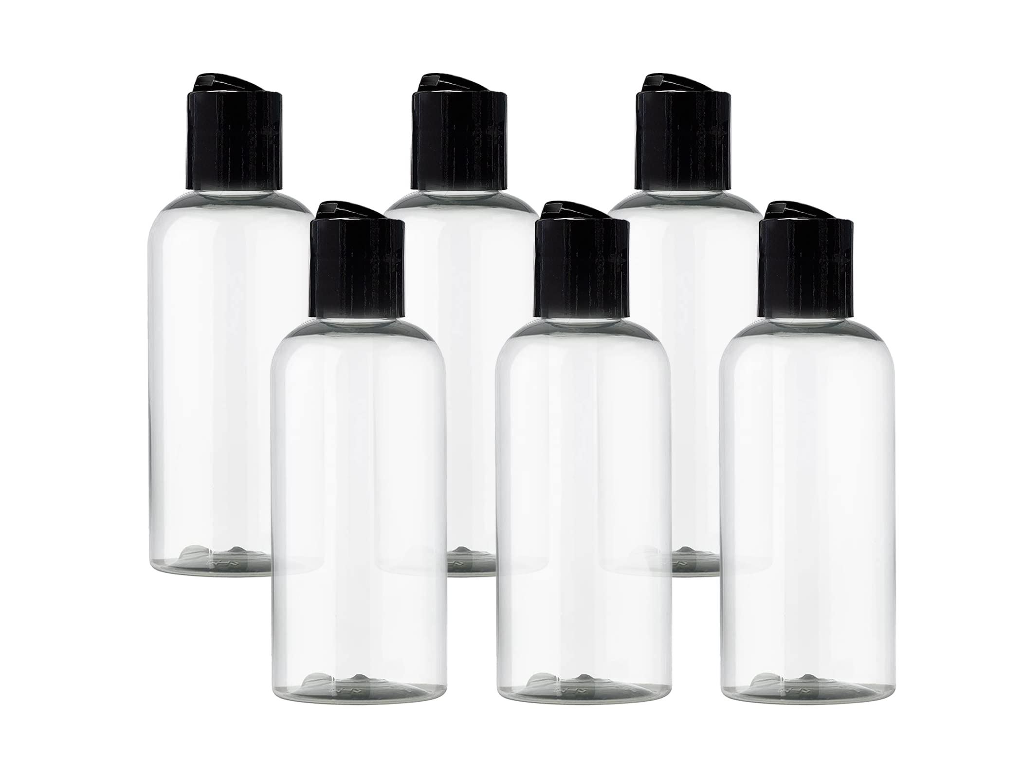 Botella ljdeals 4 oz transparente con tapa disc top negra, ideal para champú o acondicionador.