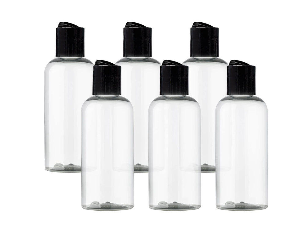 Botella ljdeals 4 oz transparente con tapa disc top negra, ideal para champú o acondicionador.