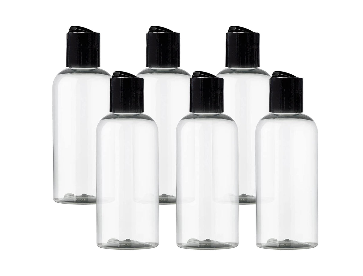 Botella ljdeals 4 oz transparente con tapa disc top negra, ideal para champú o acondicionador.