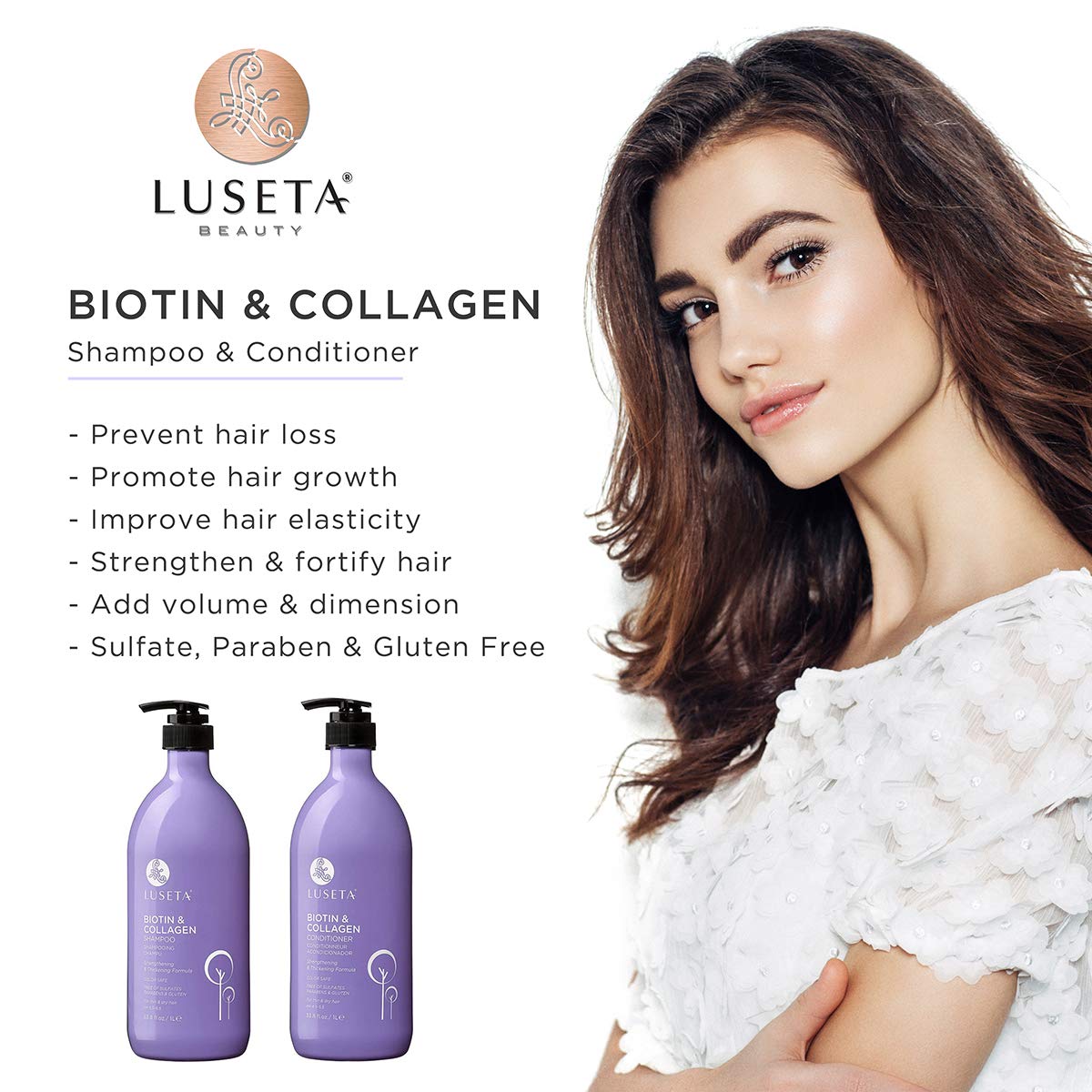 L LUSETA acondicionador biotina y colágeno, envase para hidratación.