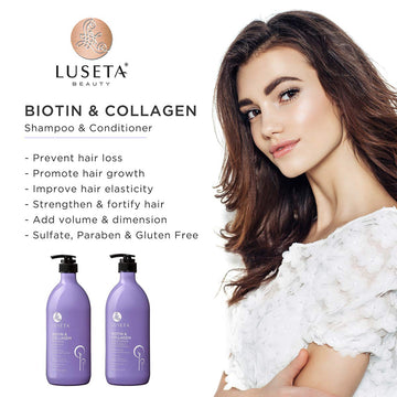 L LUSETA acondicionador biotina y colágeno, envase para hidratación.