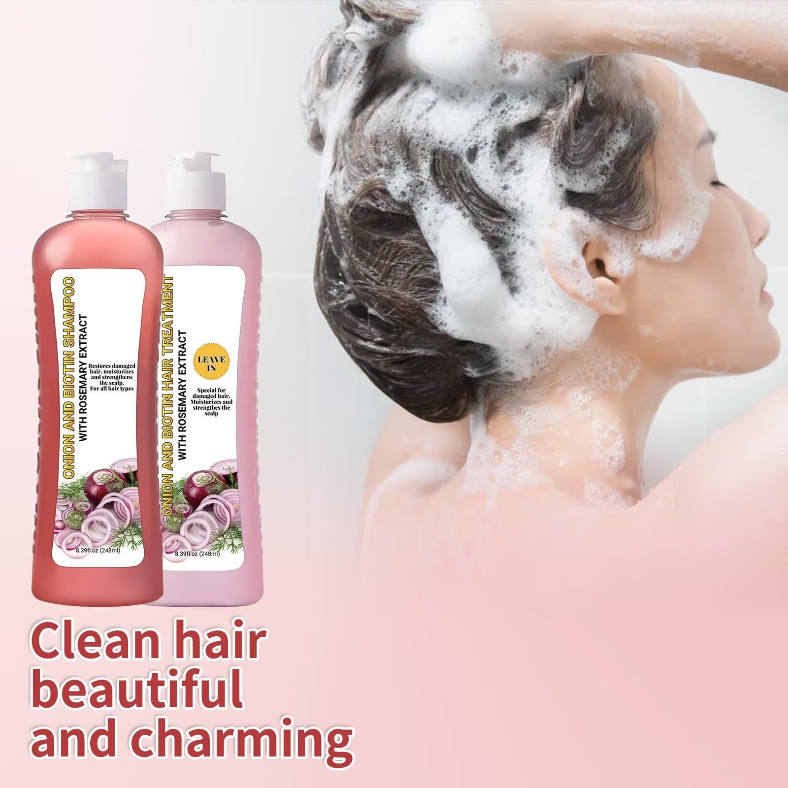LMDGDS champú cebolla y romero, escena de ducha con ingredientes naturales