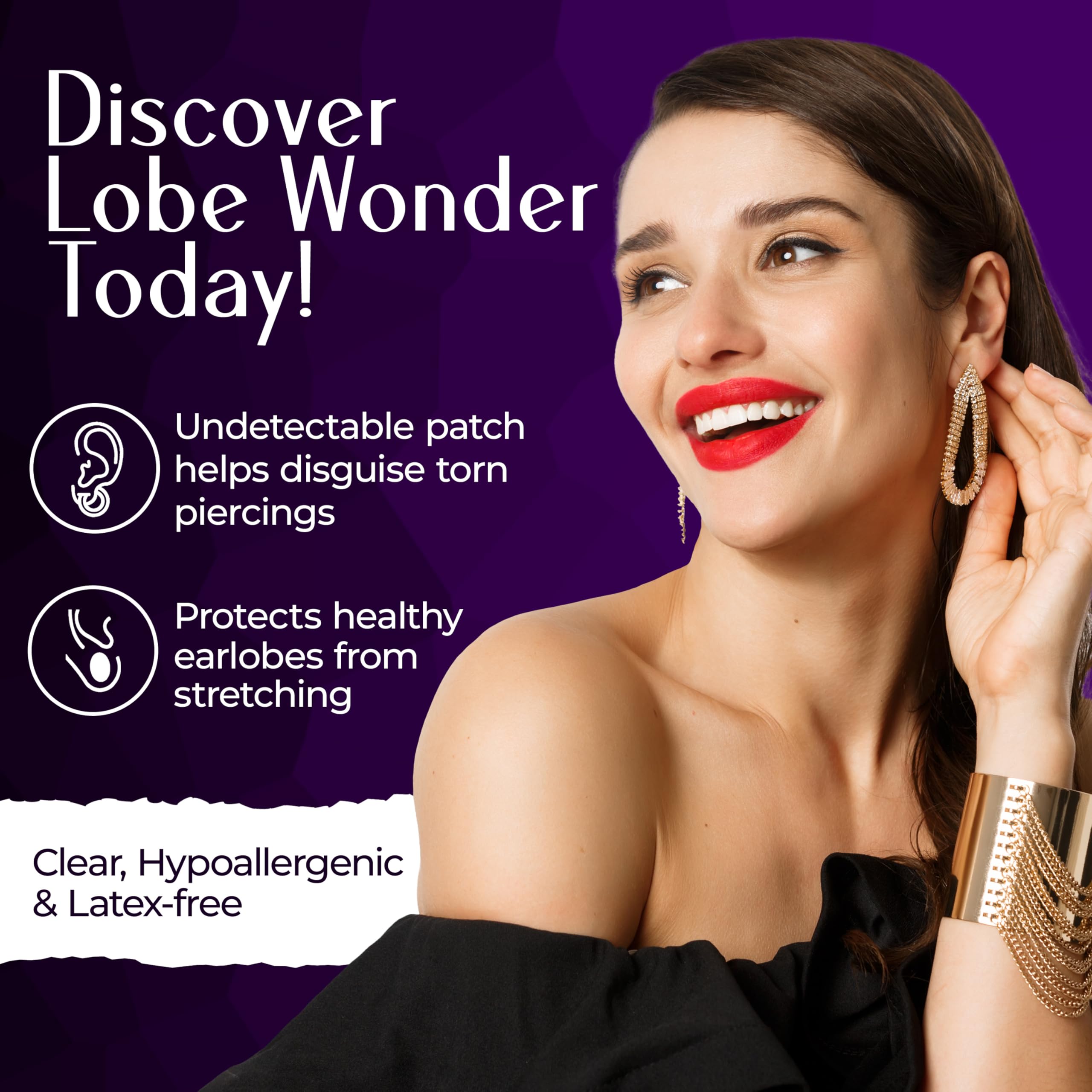 Lobe Wonder muestra cerca el parche en lóbulo, evita estiramiento al lucir aretes.