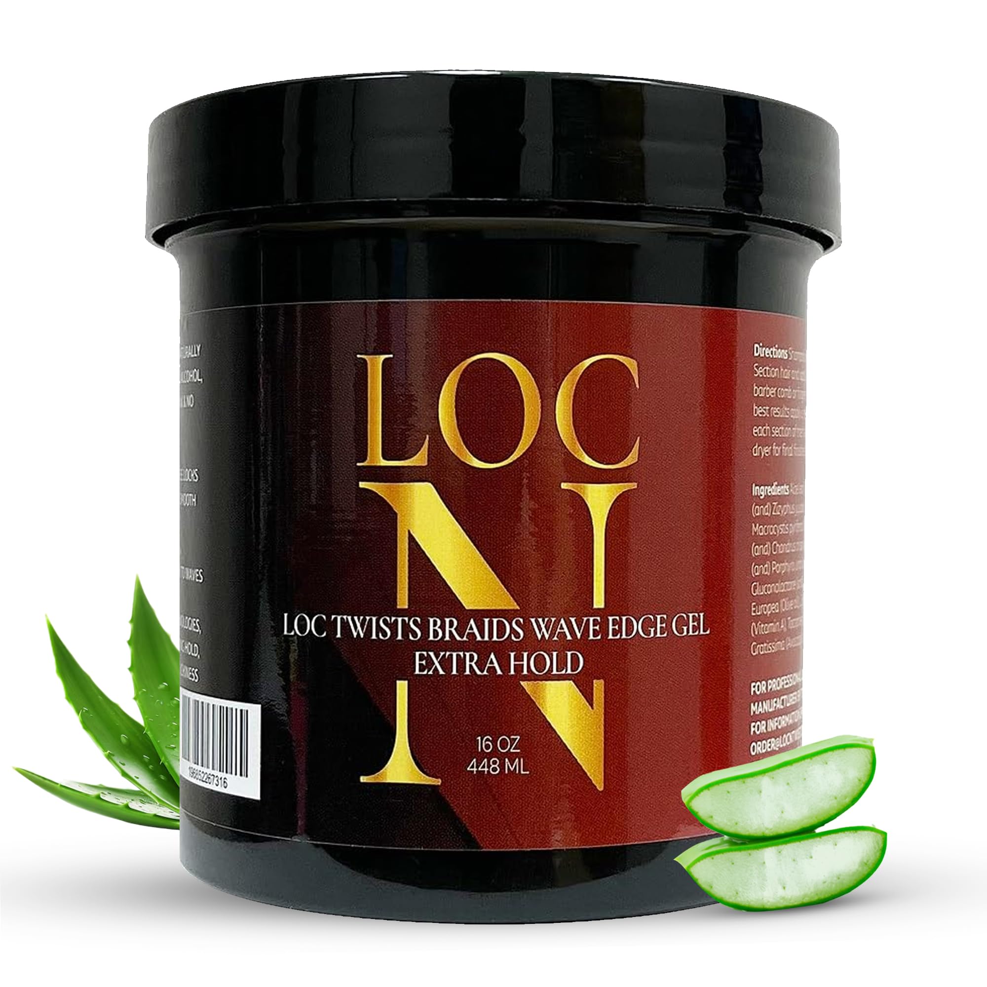 LOC N EDGE GEL EXTRA HOLD 16onces, bouteille démontrant la tenue des locs et contours.