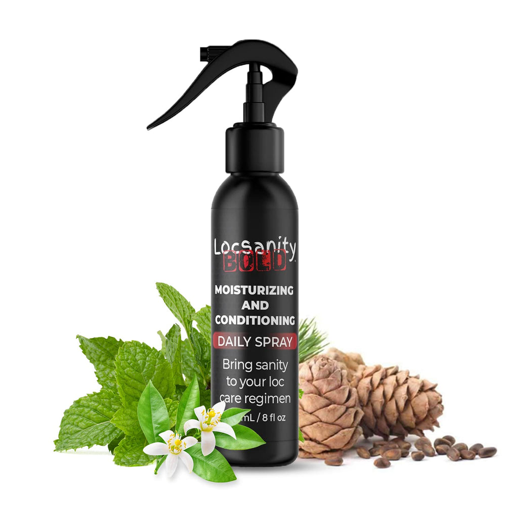 Locsanity Bold Moisturizing Loc Spray bottle delivering scalp hydration.