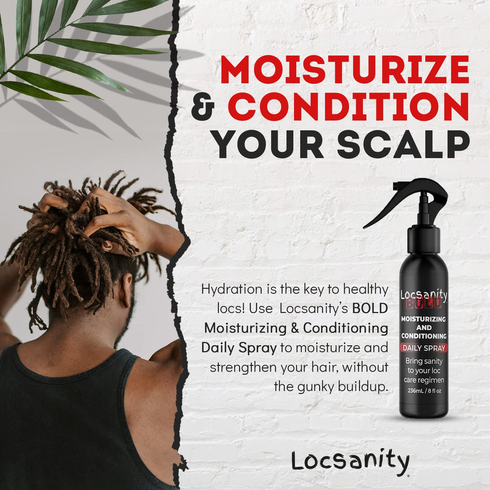 Scalp care focus with Locsanity spray on locs.