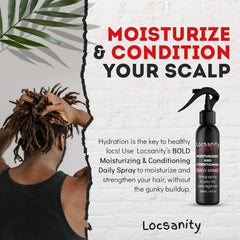 Scalp care focus with Locsanity spray on locs.