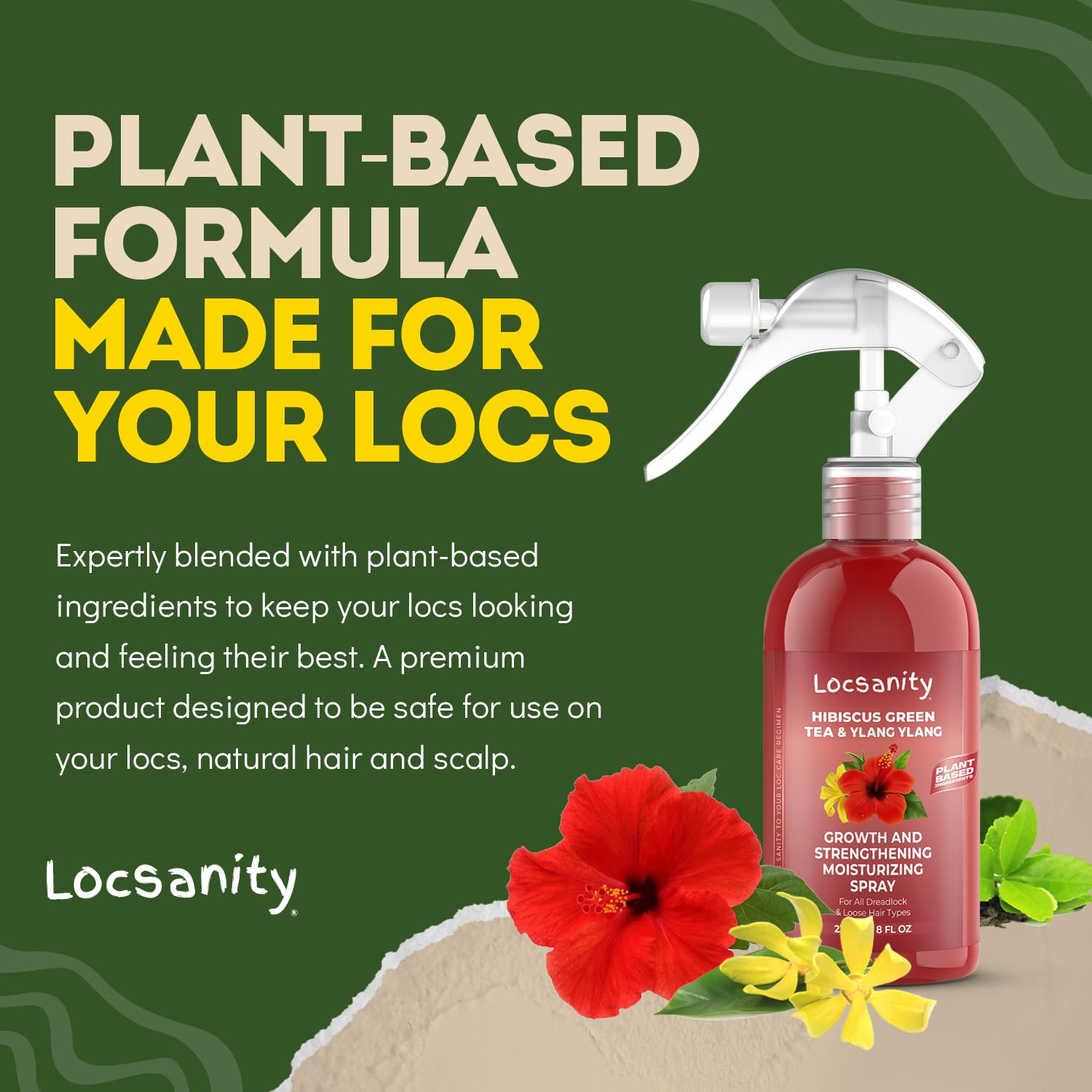 Locsanity Hibisco Verde Spray Cabello: etiqueta detallada y uso fácil.