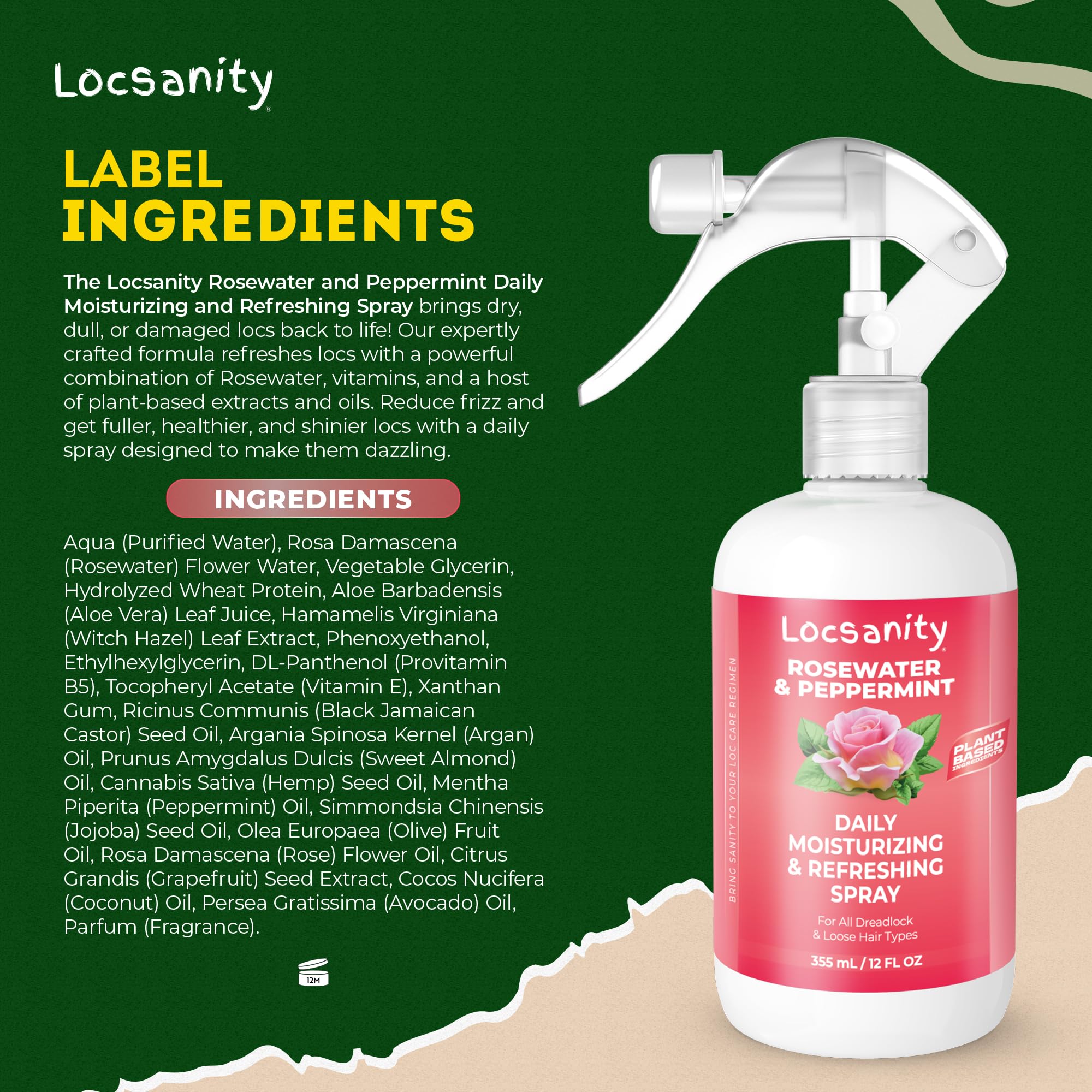 Locsanity ingredientes naturales: rosas y menta para cuidado vegetal