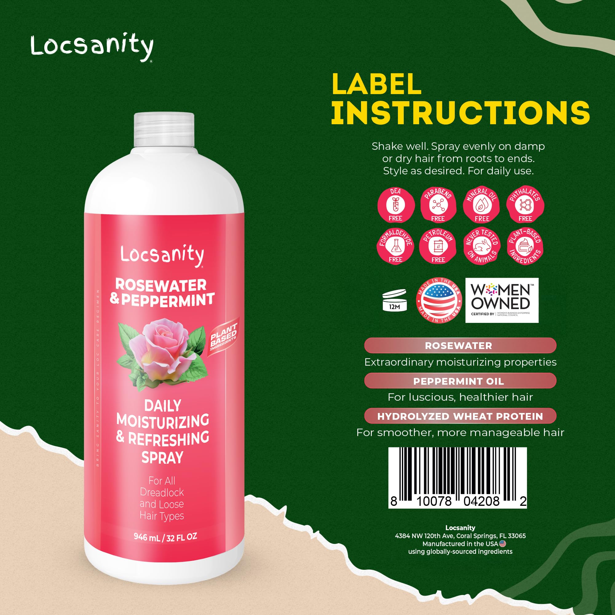 Locsanity, cuero cabelludo refrescado con spray suave de rosas y menta.