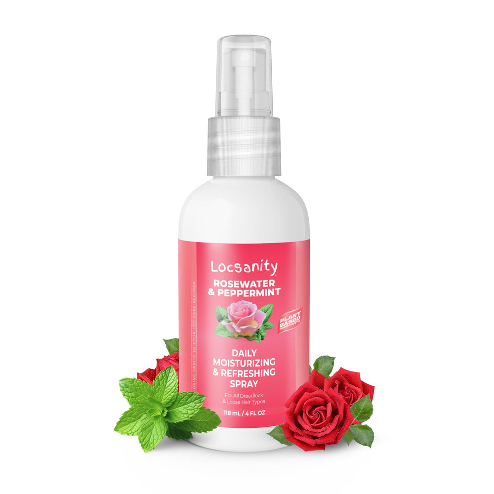 Locsanity Rosewater Peppermint spray bottle front for daily scalp hydration.