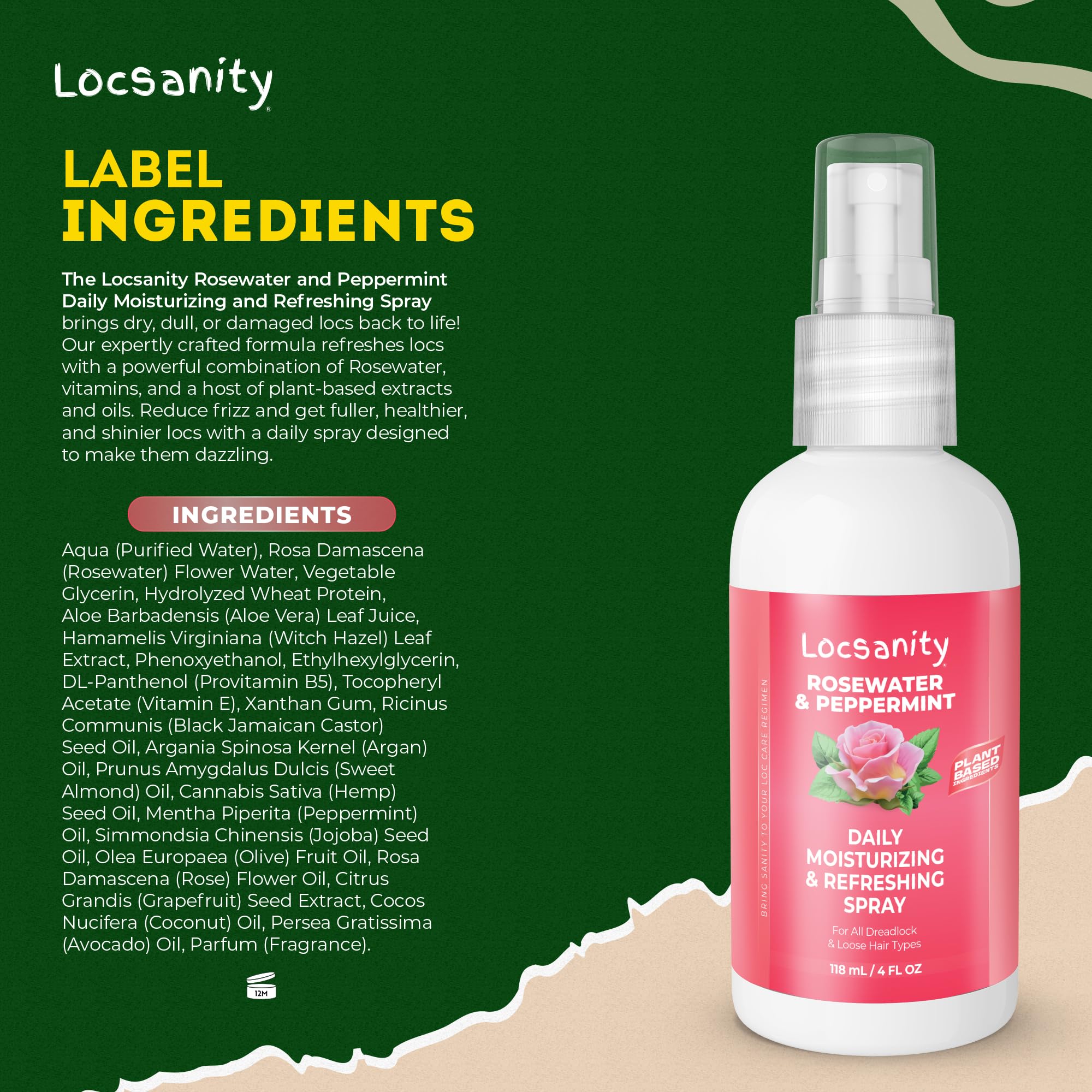 Locsanity Rosewater Peppermint spray closeup highlights natural ingredients and antioxidants.