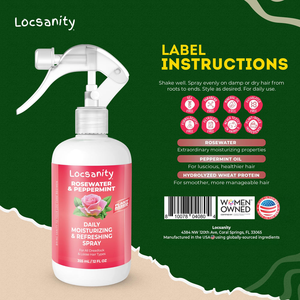 Locsanity: spray diario rosas y menta para frescura del cuero cabelludo.