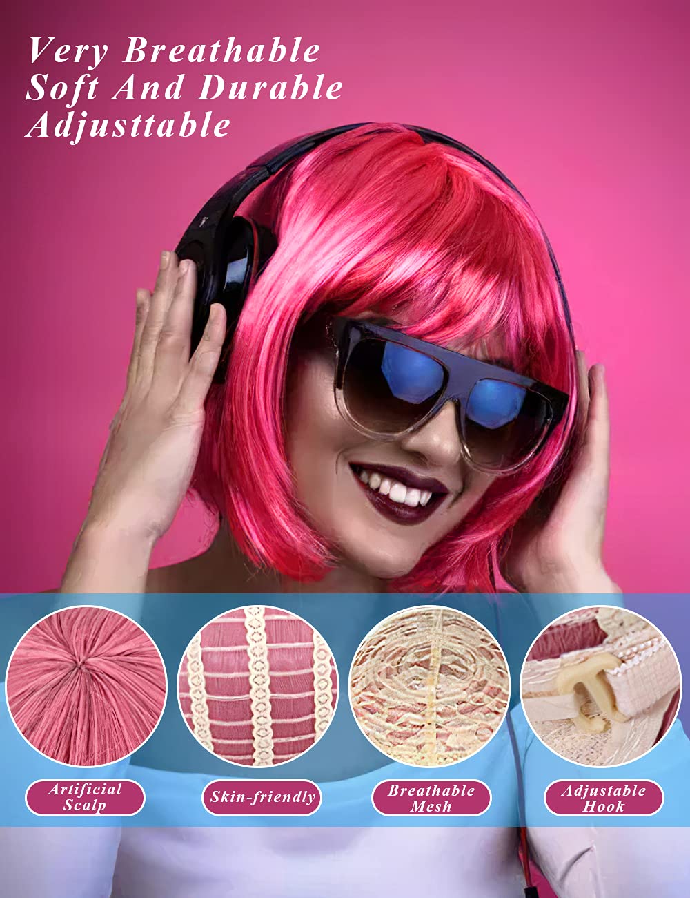 LOHO MAGICA peluca neón púrpura, look atrevido para fiestas y celebraciones.