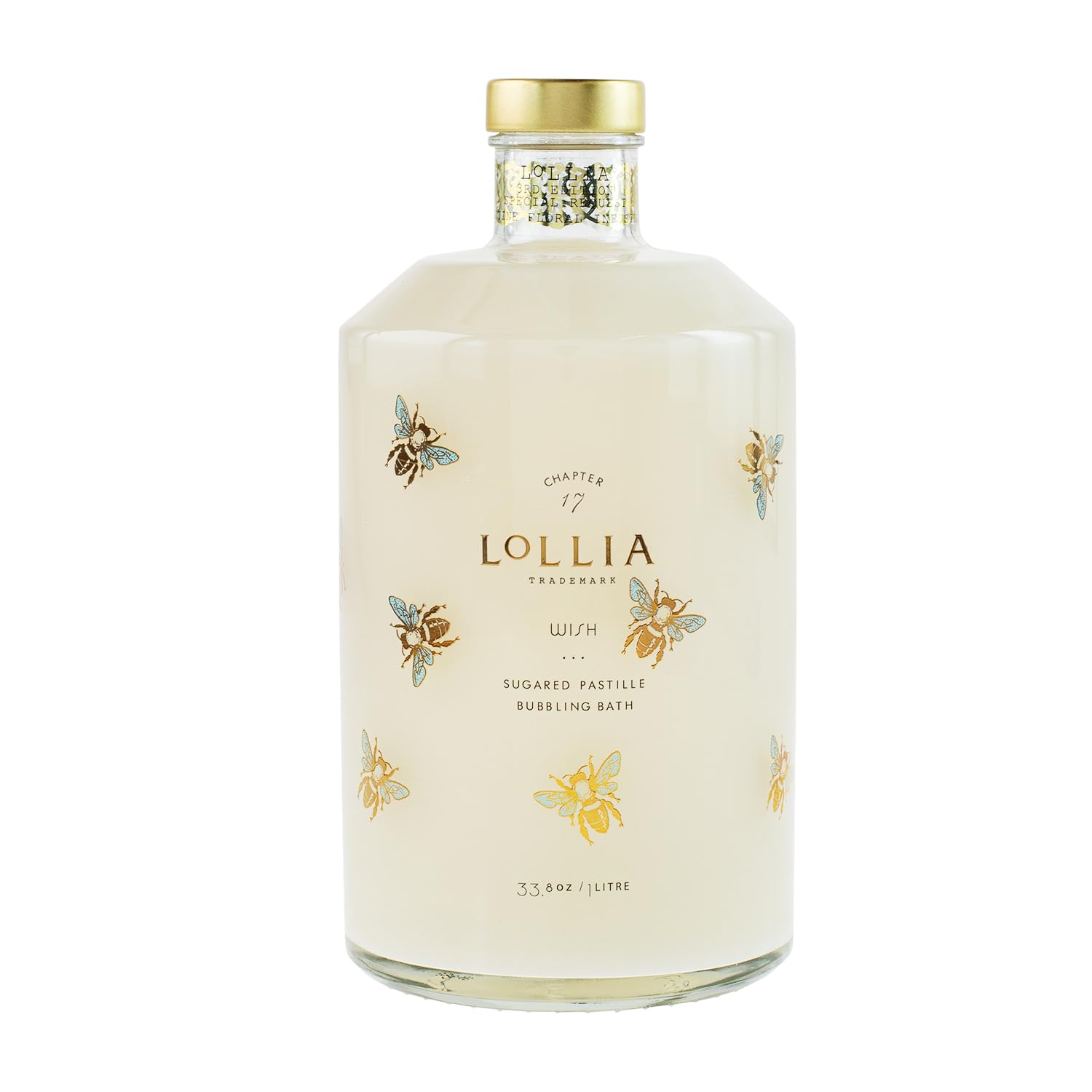 Botella de vidrio LOLLIA Wish con diseño lujoso y abejas doradas.