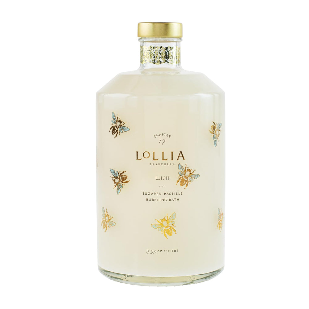 Botella de vidrio LOLLIA Wish con diseño lujoso y abejas doradas.