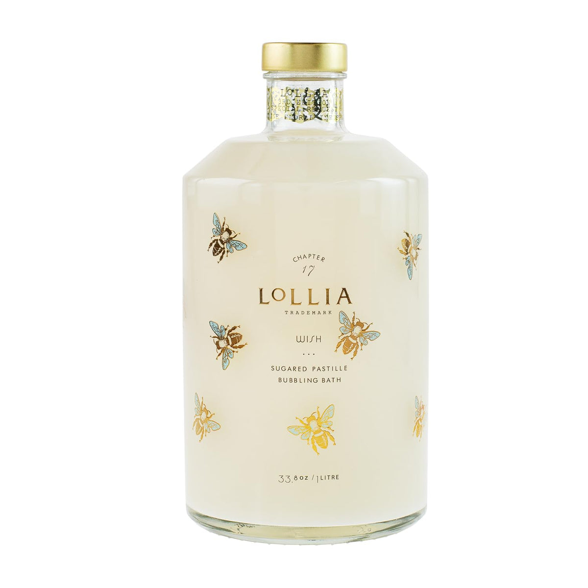 Botella de vidrio LOLLIA Wish con diseño lujoso y abejas doradas.