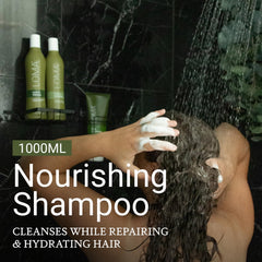 Texture crème-mousse du shampoing Loma pour un lavage doux.