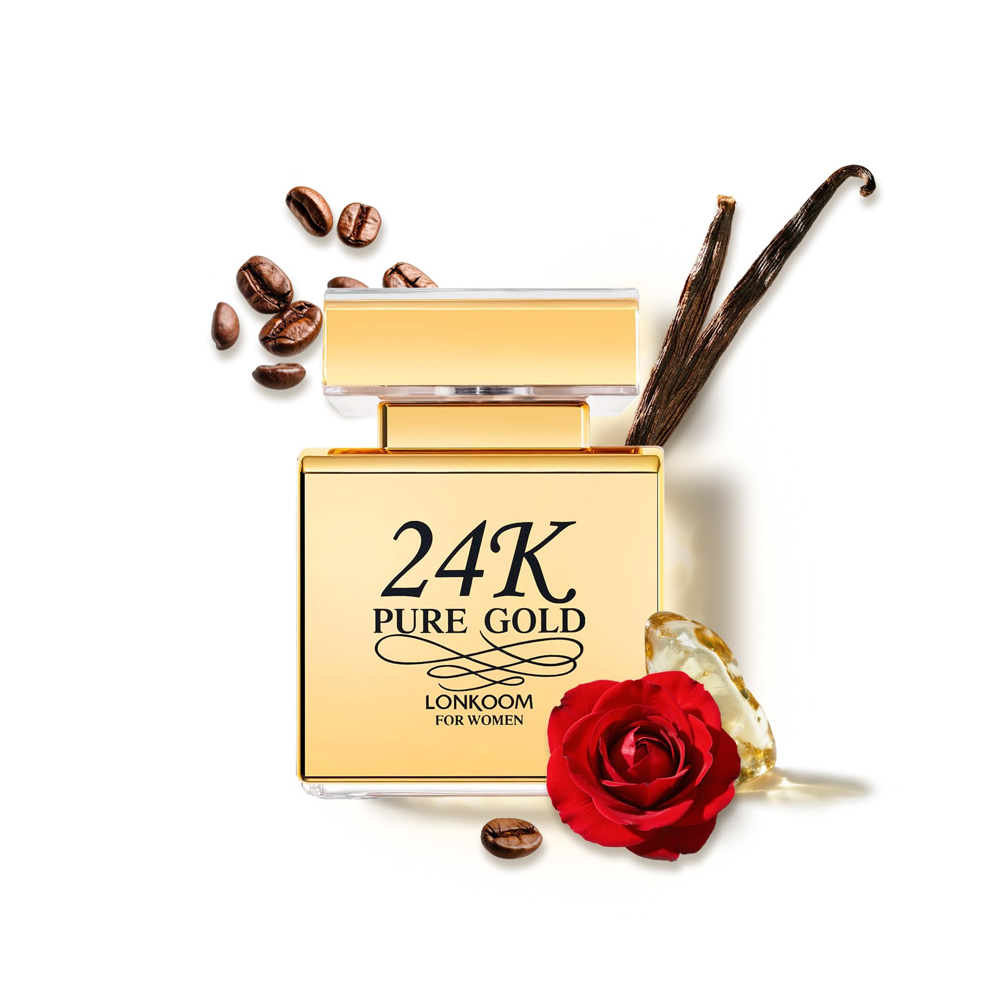 Lonkoom 24K Oro Puro, envase con etiqueta dorada para regalo sofisticado.