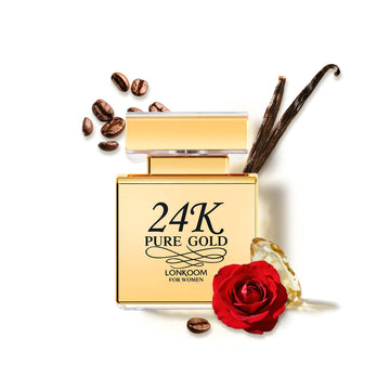 Lonkoom 24K Oro Puro, envase con etiqueta dorada para regalo sofisticado.