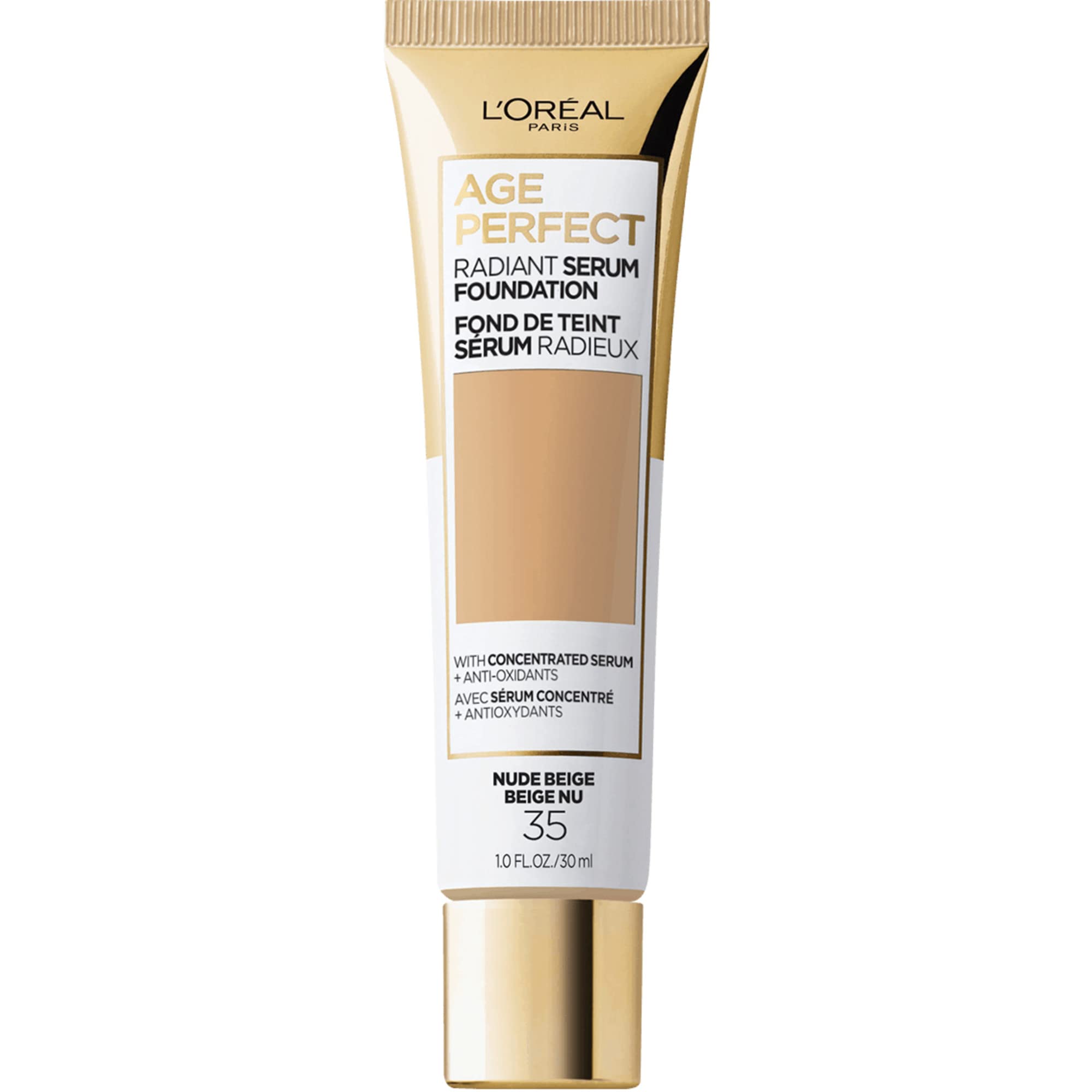 L Oreal Paris Age Perfect Serum Foundation frasco con SPF 50 para piel madura