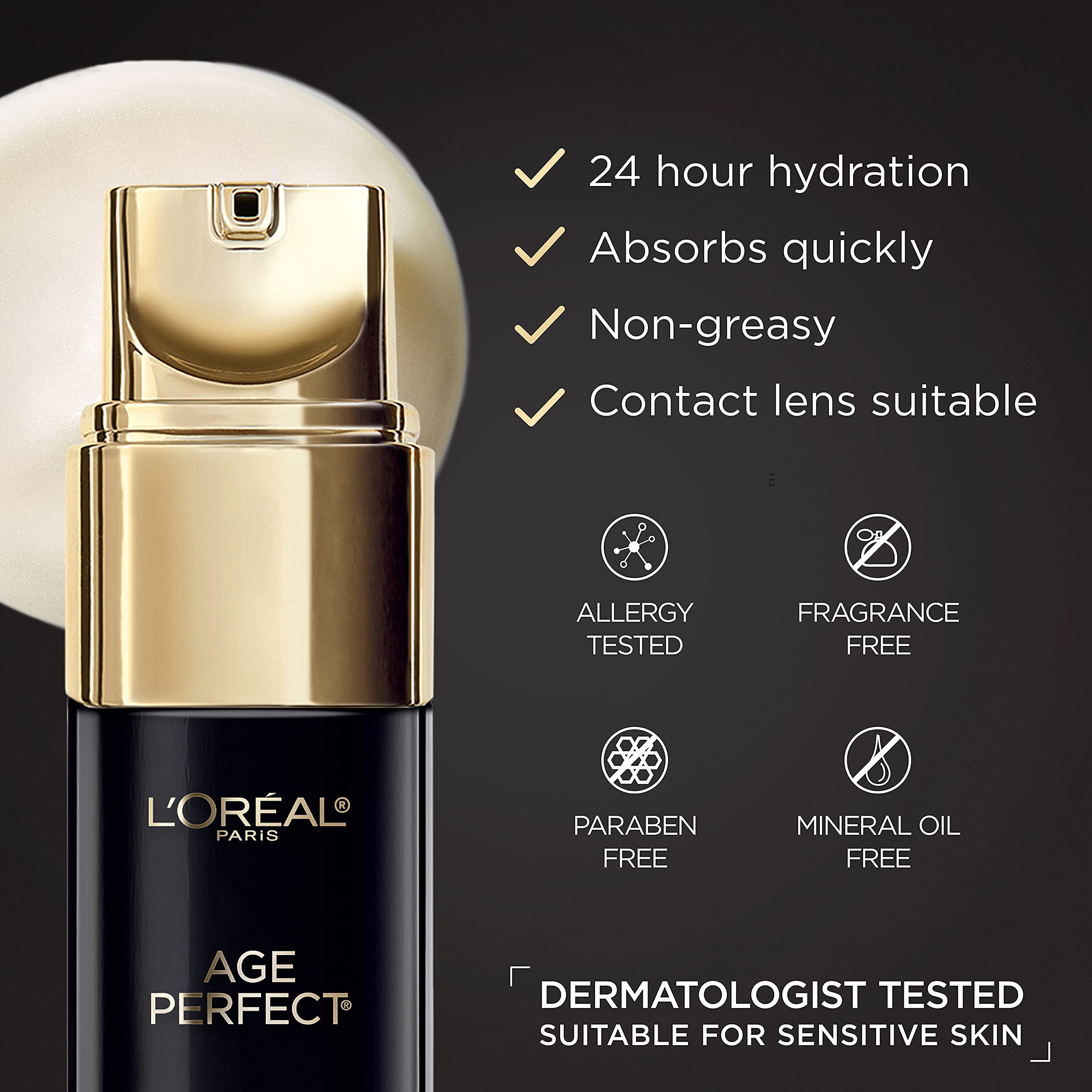 L'Oreal Paris Age Perfect contorno ojos, fórmula no grasa para piel sensible.