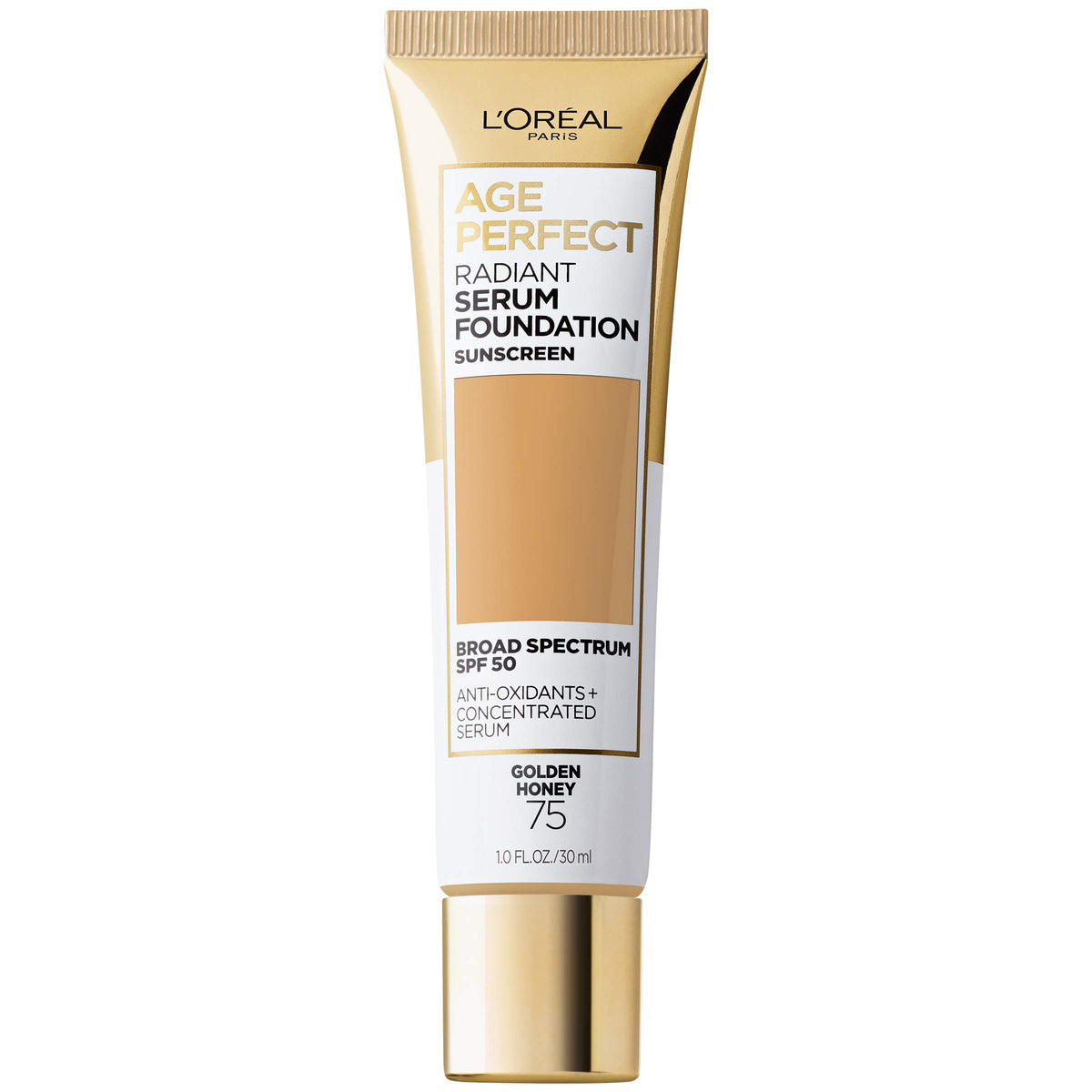 L'Oréal Paris Age Perfect Serum Radiant Foundation, botella con acabado suave y SPF 50.