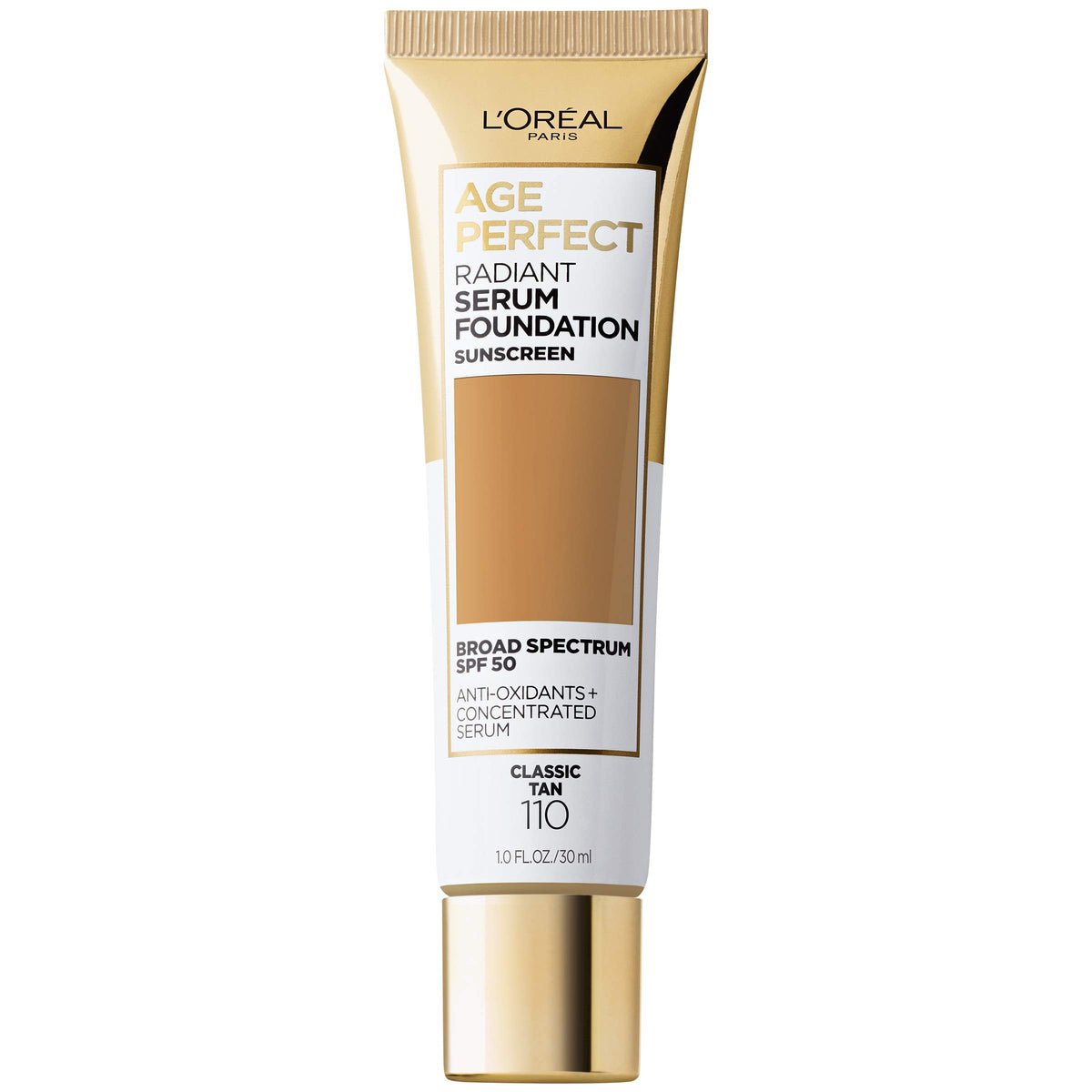 L'Oréal Paris Age Perfect Radiant Serum Foundation, botella en tono bronce clásico para piel madura.