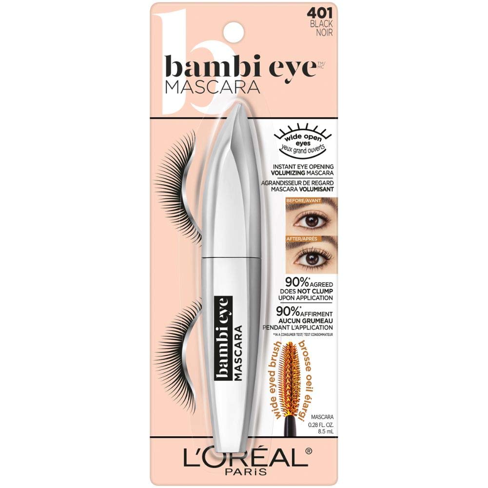 L'Oreal Paris Bambi Eye Mascara, cepillo ancho define pestañas de interior a exterior.
