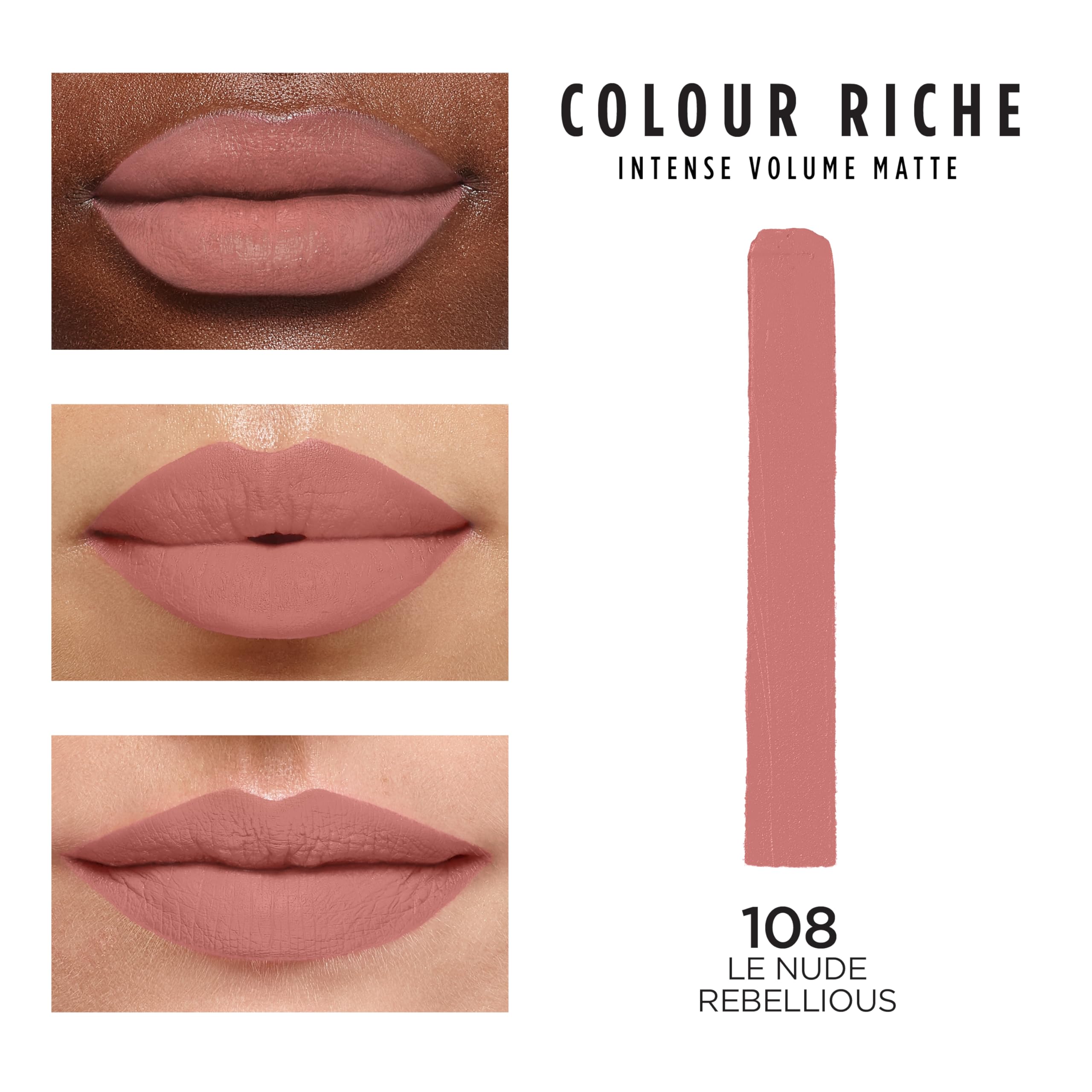 L'Oréal Paris Color Riche Intenso Volumen Mate Barra de Labios Le Nude Rebellious, textura mate para acabado duradero