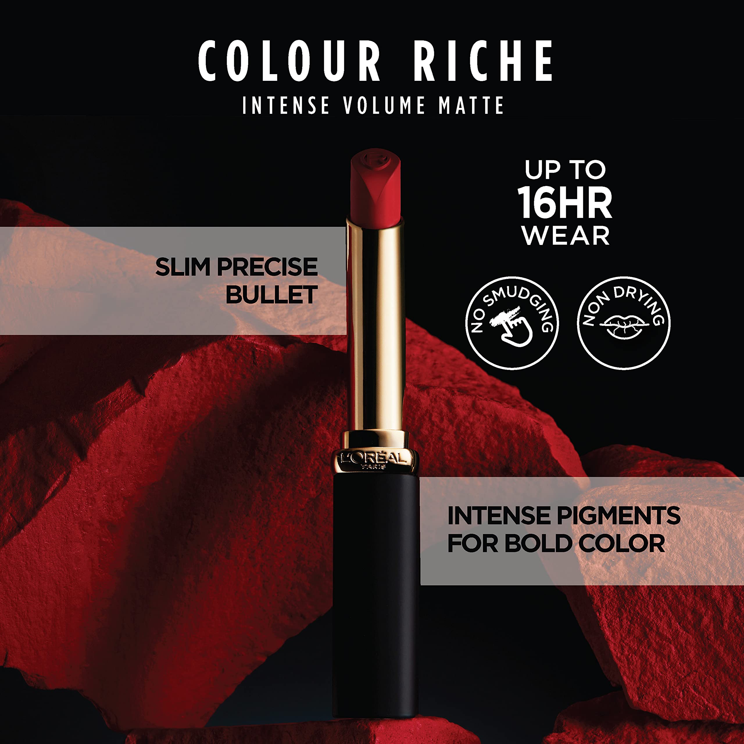 L'Oréal Paris Colour Riche Intense Volume Matte, acabado con ácido hialurónico para labios confortables