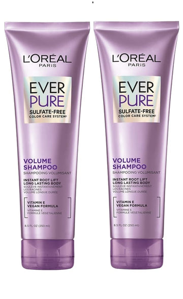 L'Oreal Paris EverPure Volume shampoo bottle with lotus flower for color-treated hair.
