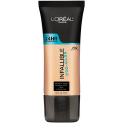 L'Oréal Paris Infallible Pro Glow fundación frasco con acabado luminoso de larga duración.