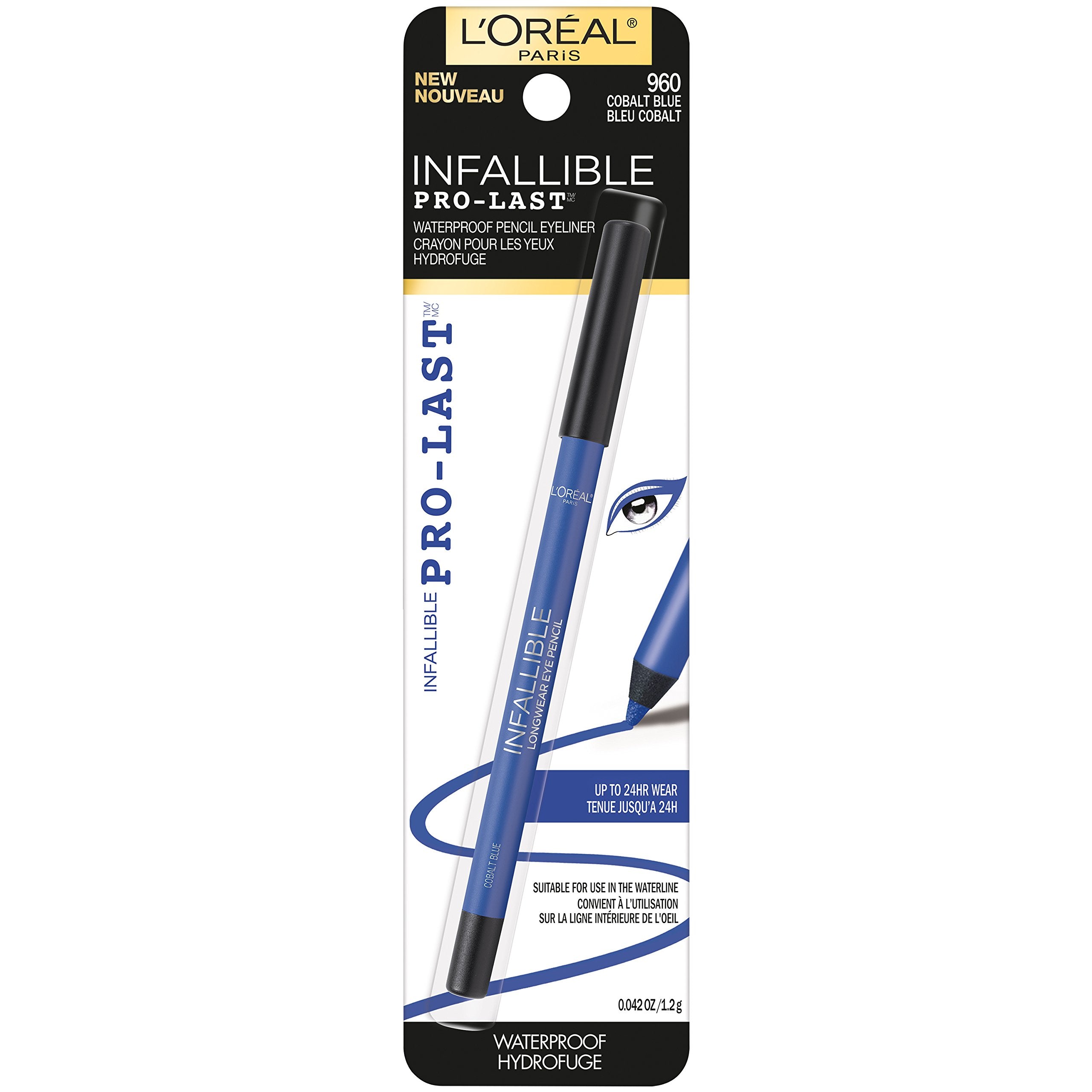 L'Oreal Paris Infallible Pro-Last lapiz delineador azul cobalto, empaque compacto para viajar.