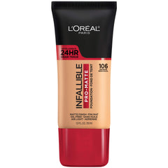 L'Oreal Paris Infallible Pro-Matte Sun Beige bottle showing 24-hour demi-matte finish