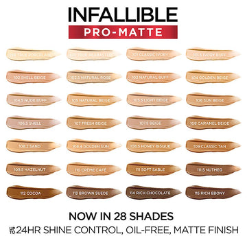 L'Oreal Paris Infallible Pro-Matte fundacion Cocoa: cobertura-media que se adapta al tono.