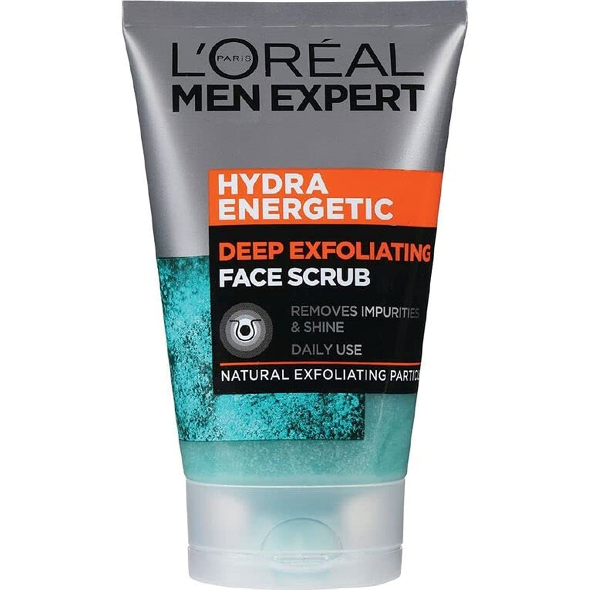 L'Oreal Paris Men Expert exfoliante: botella visible purifica la piel y deja limpieza.