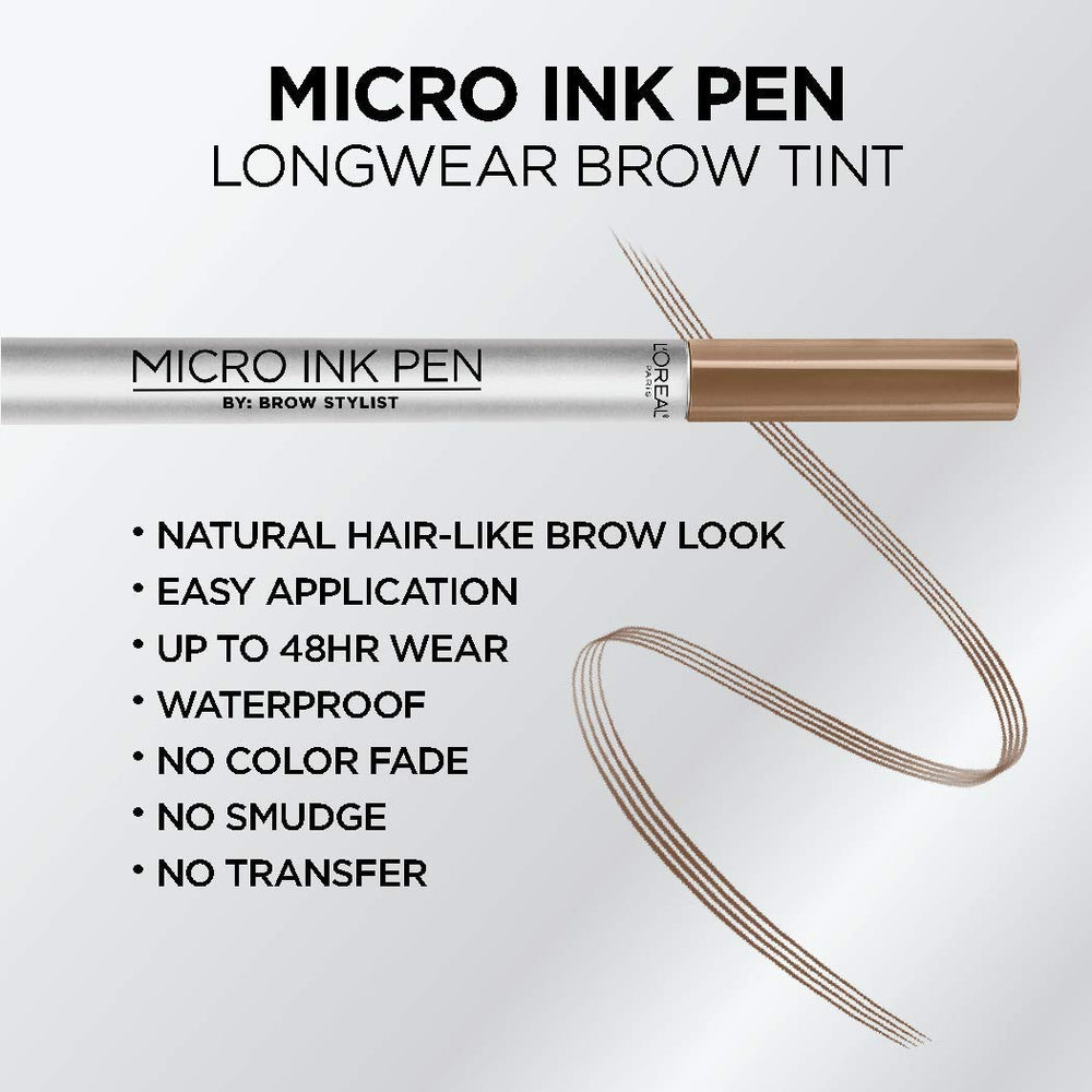 L'Oréal Paris Micro Ink Pen Brow Stylist en tono Rubio Oscuro para cejas definidas naturalmente.