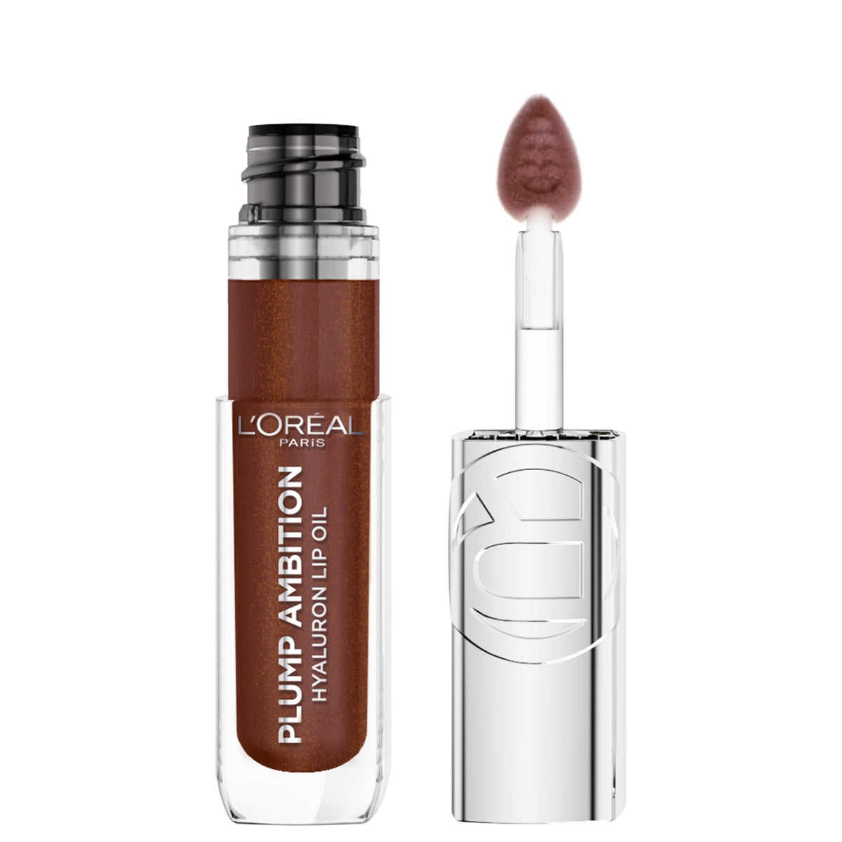L'Oreal Paris Plump Ambition Lip Oil en botella, hidratación de 24 horas y brillo translúcido.