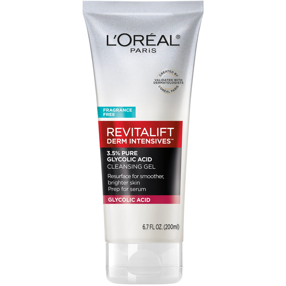 L'Oréal Paris Revitalift Gel, botella visible, limpieza diaria con ácido glicólico para piel suave.
