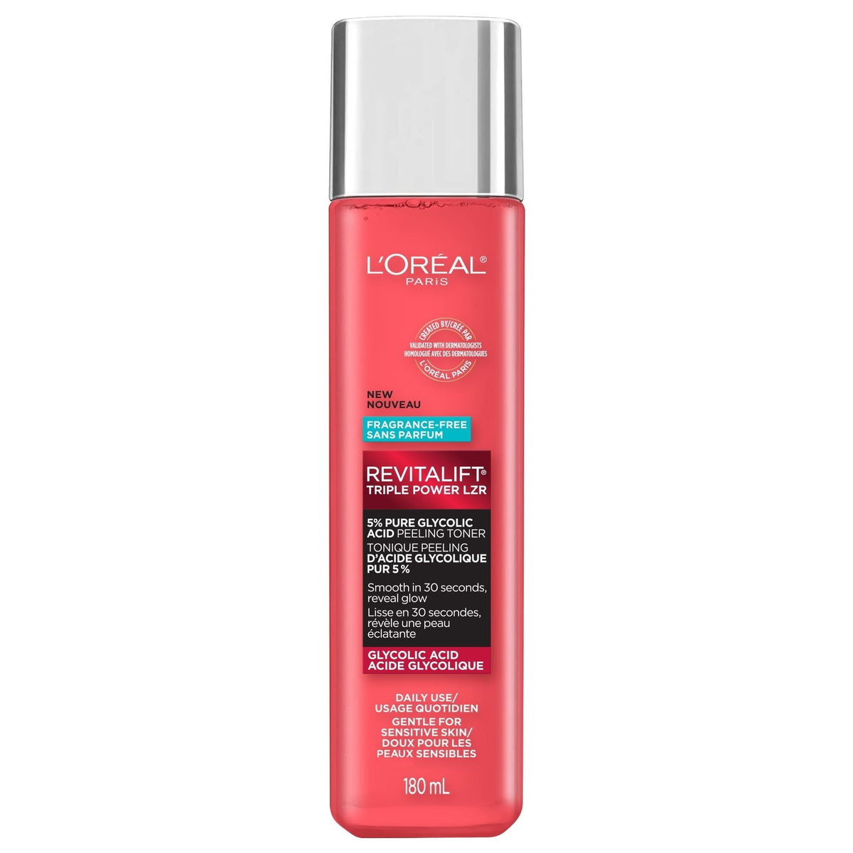 Revitalift tónico exfoliante de L'Oreal Paris con ácido glicólico 5% para piel suave.